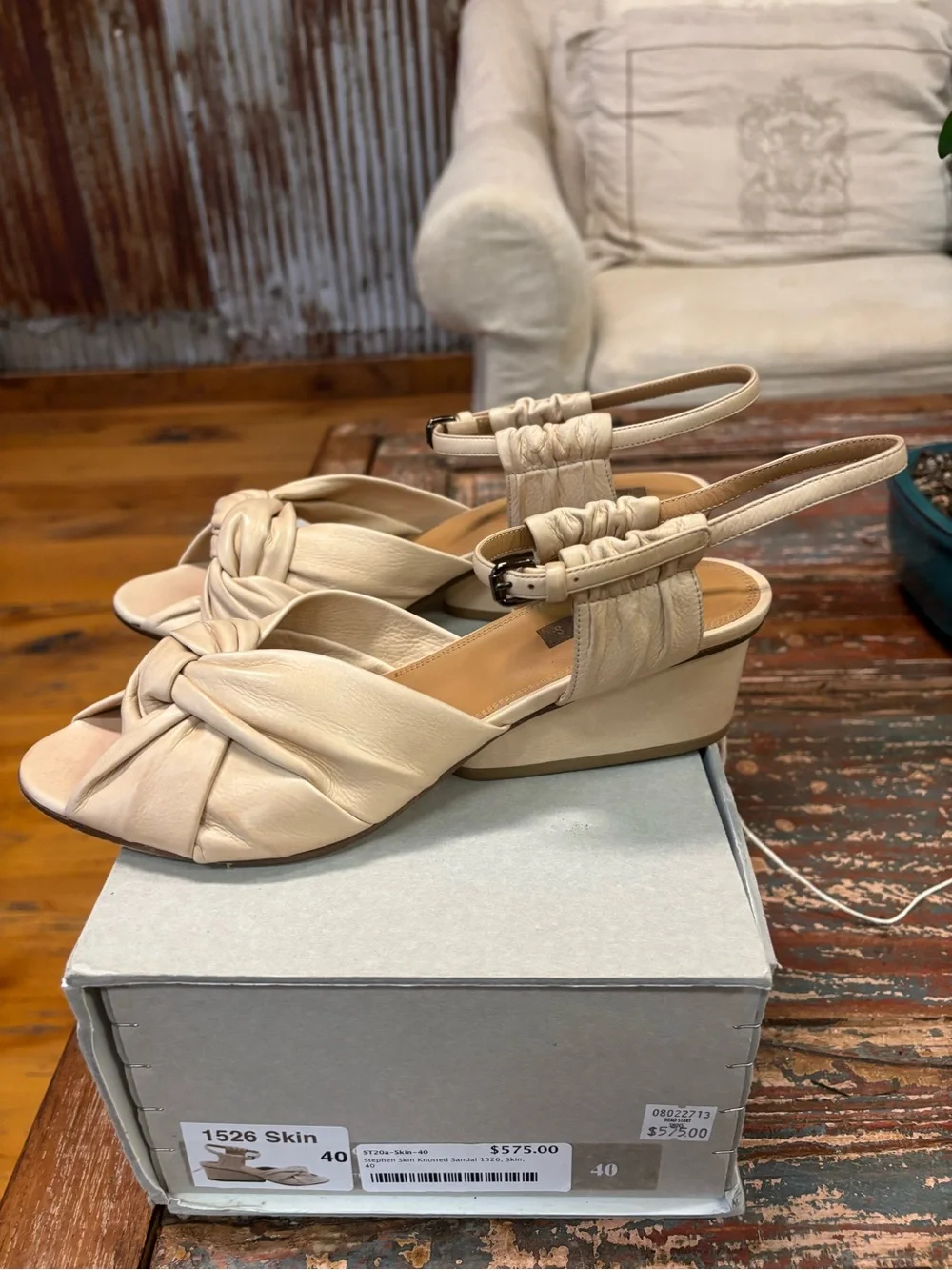 Stephen Braided Cream Leather Ankle-Strap Sandals.